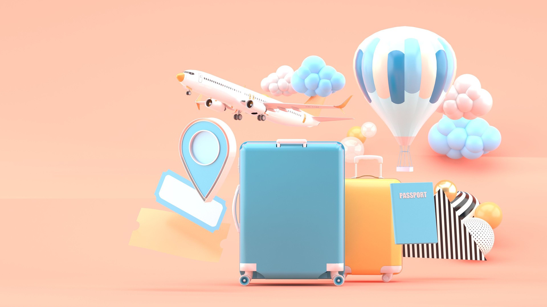 Suitcase surrounded by air tickets, airplanes, balloons and location icon on a pink background.-3d rendering.