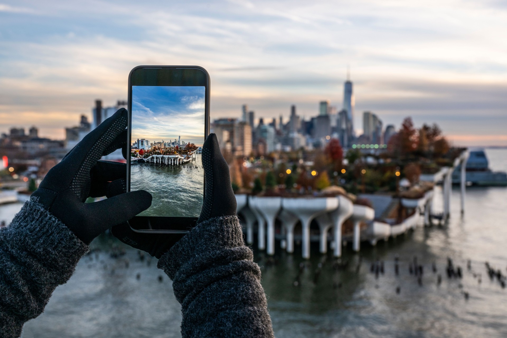 Amazing moment of the Little Island at Pier 55 in the Hudson River seen during photographing with a phone