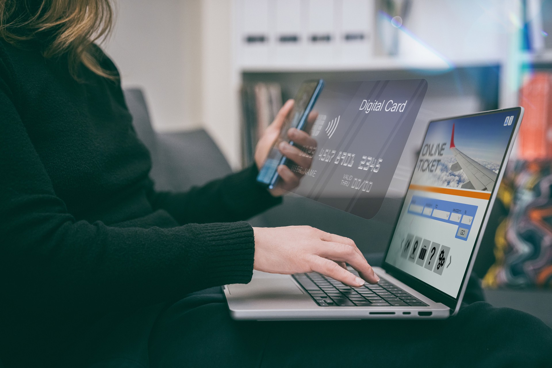 A woman books a flight online using her smartphone and laptop. Modern travel booking technology, digital payments online. Ideal for illustrating online travel, booking websites, or digital tourism.